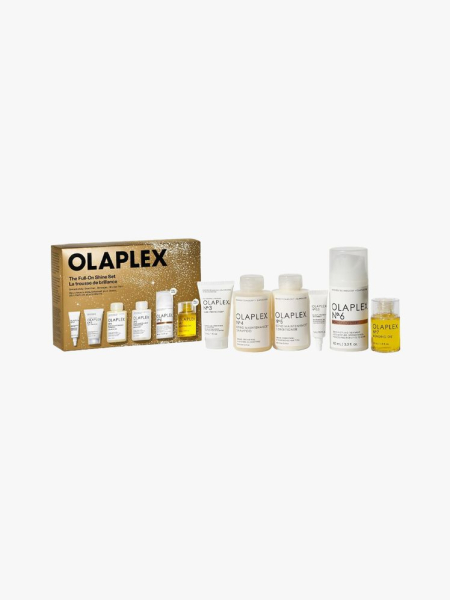 Olaplex The Full-On Shine Hair Routine Gift Set in branded components on a light gray background